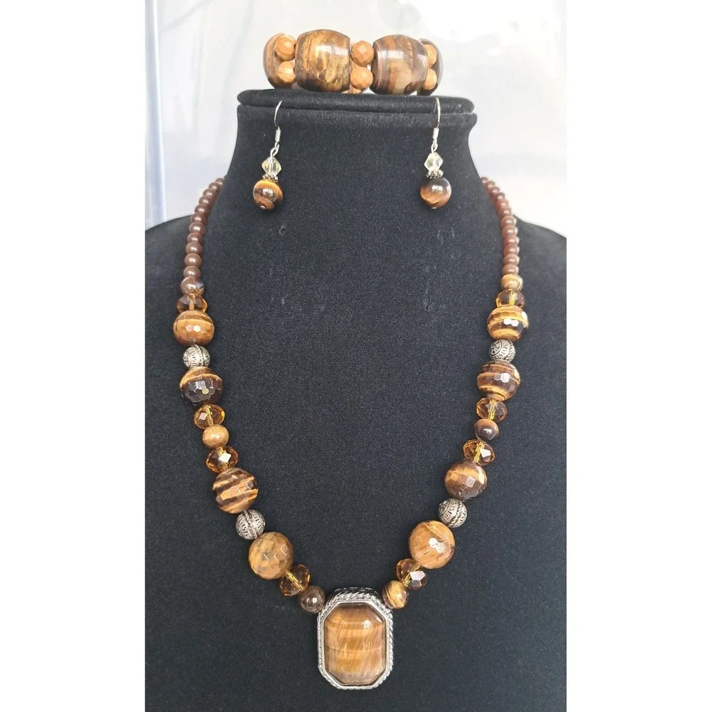 Fashion Jewelry Set Necklace Pendant Bracelet Earrings Gemstone  Tiger's Eye